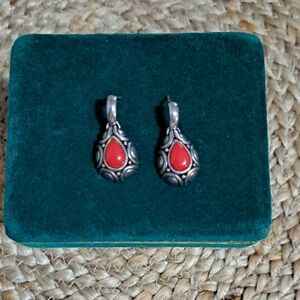 Vintage Thailand SX 925 Silver and Coral Teardrop Earrings
